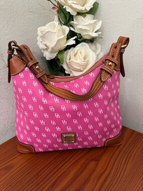 Dooney & Bourke Pink Signature Canvas Shoulder Bag with Tan Trim